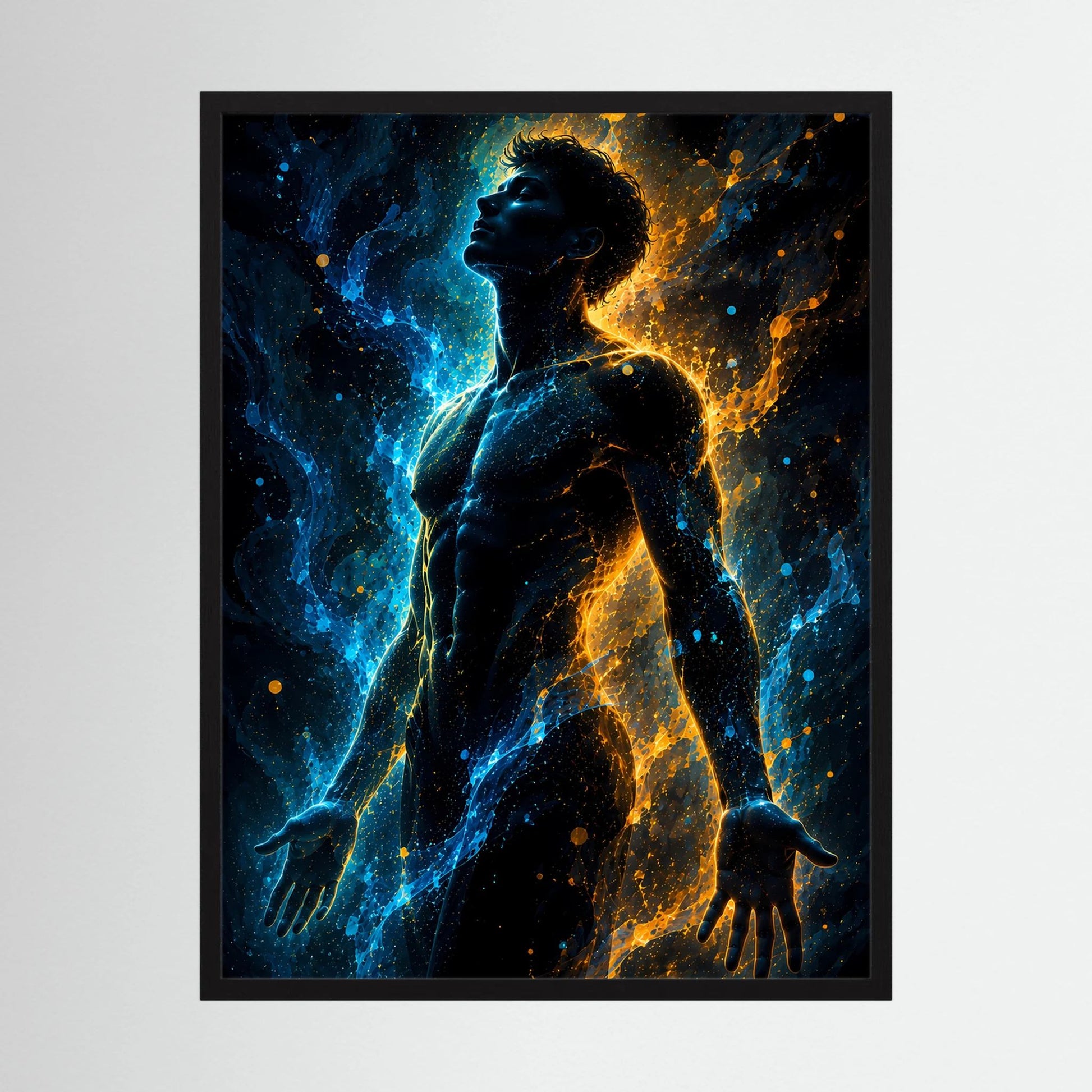 Hochformatiges Poster mit männlicher Silhouette in Blau und Gold, schwarzer Rahmen