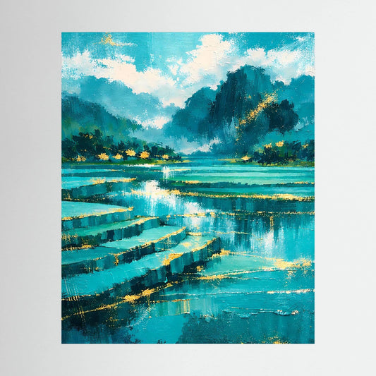 Hochformatiges Poster mit abstrakter Landschaft, türkis-blauem Fluss und Bergen, ohne Rahmen
