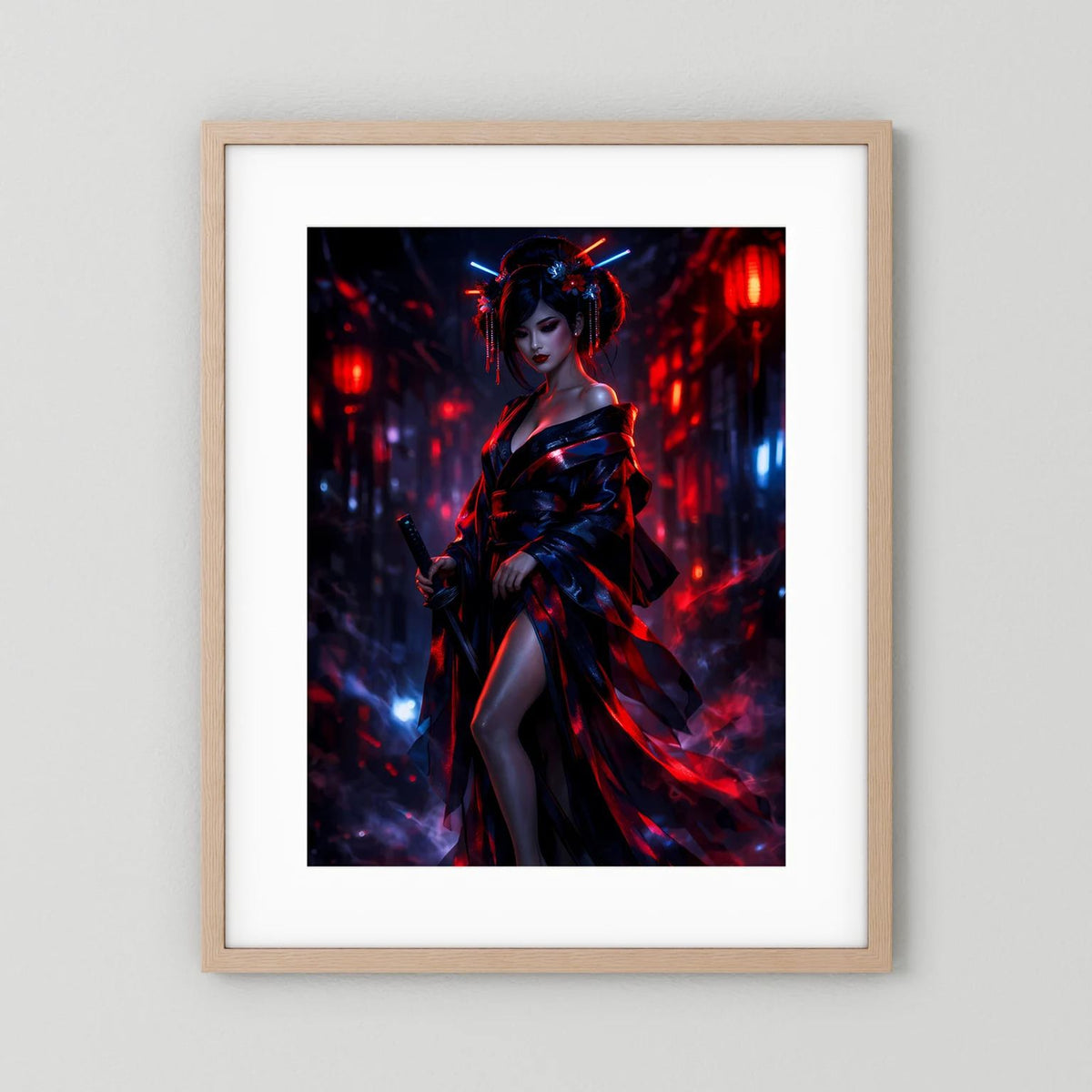 Senkrechtes Wandposter mit Kriegerin und Katana, Neon-rot/blau, hellbrauner Holzrahmen mit weißem Rand