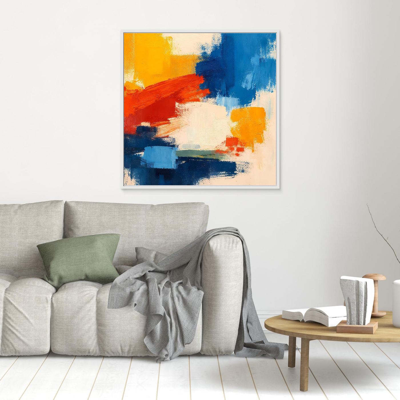 Abstract canvas wall art with blue, red, and yellow brush strokes in a white frame