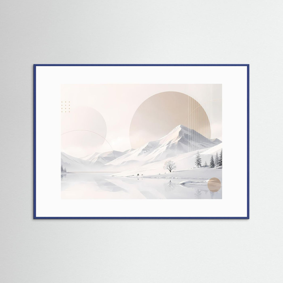 Querformatiges Poster mit winterlicher Berglandschaft in Weiß und Beige, blauer Rahmen