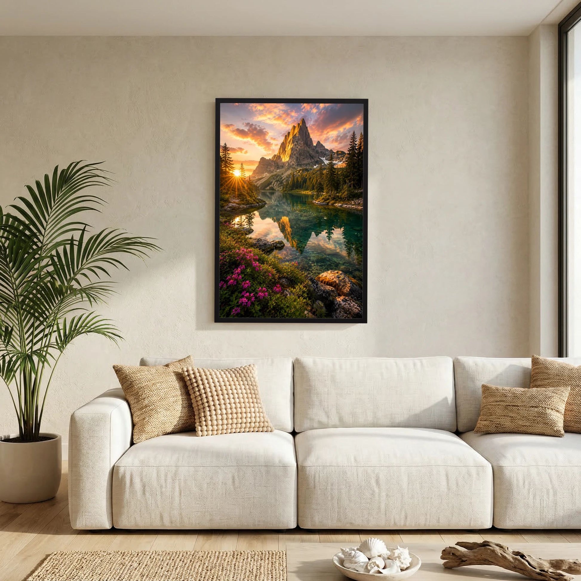 Poster im Hochformat mit Bergsee bei Sonnenuntergang im schwarzen Rahmen