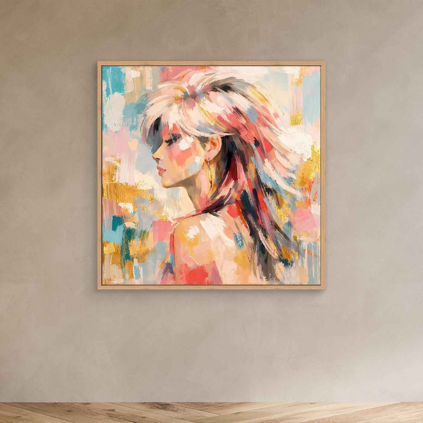 Leinwandbild mit abstraktem Frauenporträt in Pastell, Seitenansicht, helles Holzrahmen