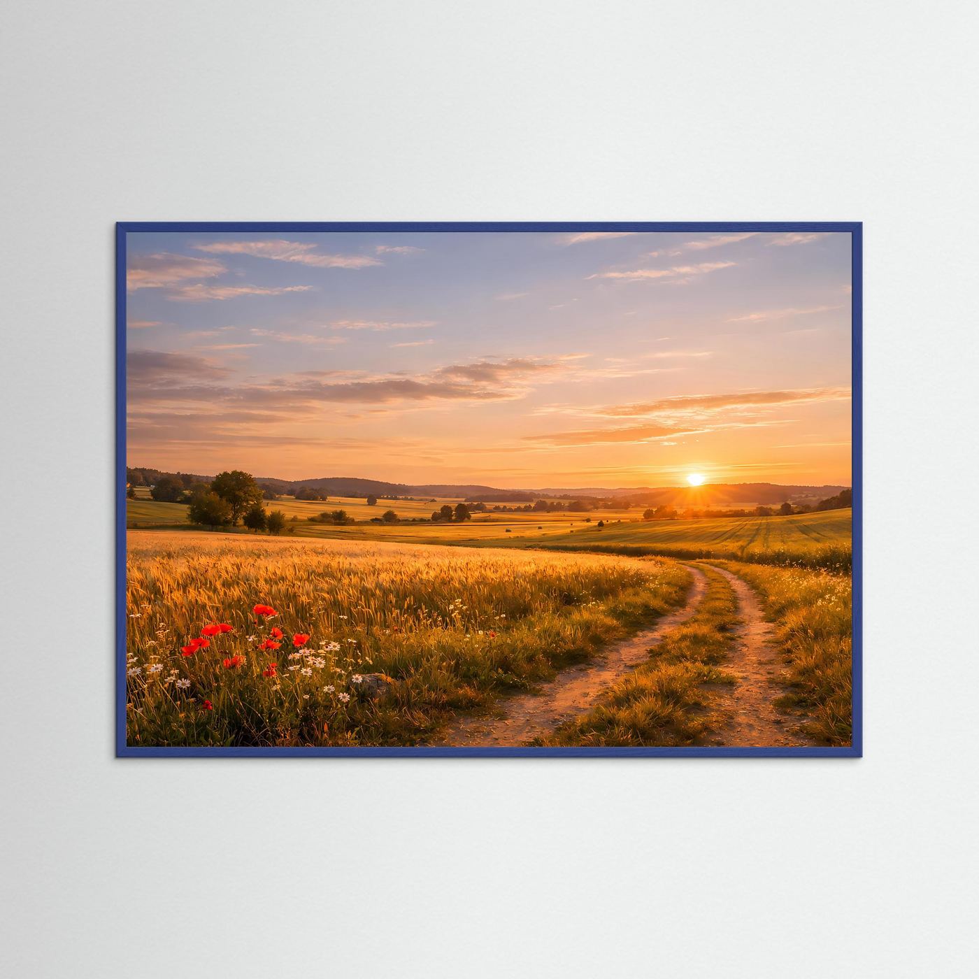 Idyllischer Sonnenuntergang im Kornfeld | Feldweg & Natur Poster Querformat