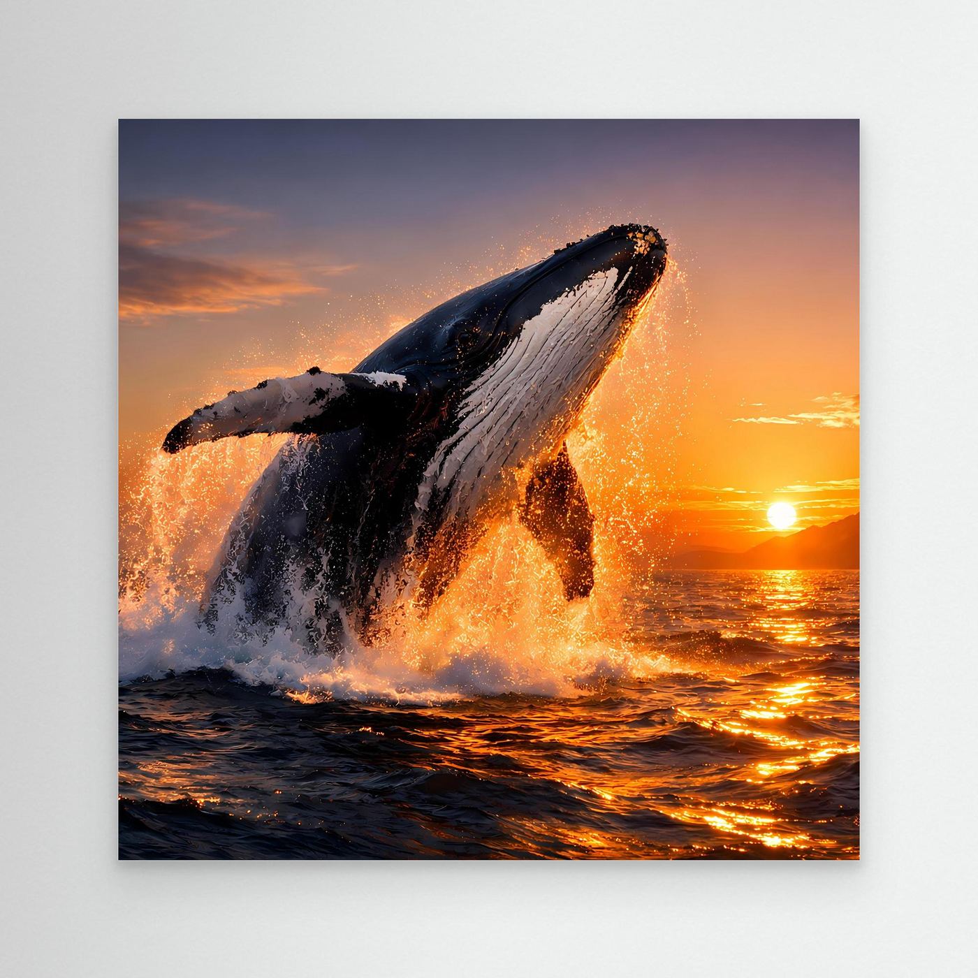 Leinwandbild mit springendem Buckelwal am Meer, mit Spritzwasser und orangefarbenem Himmel.