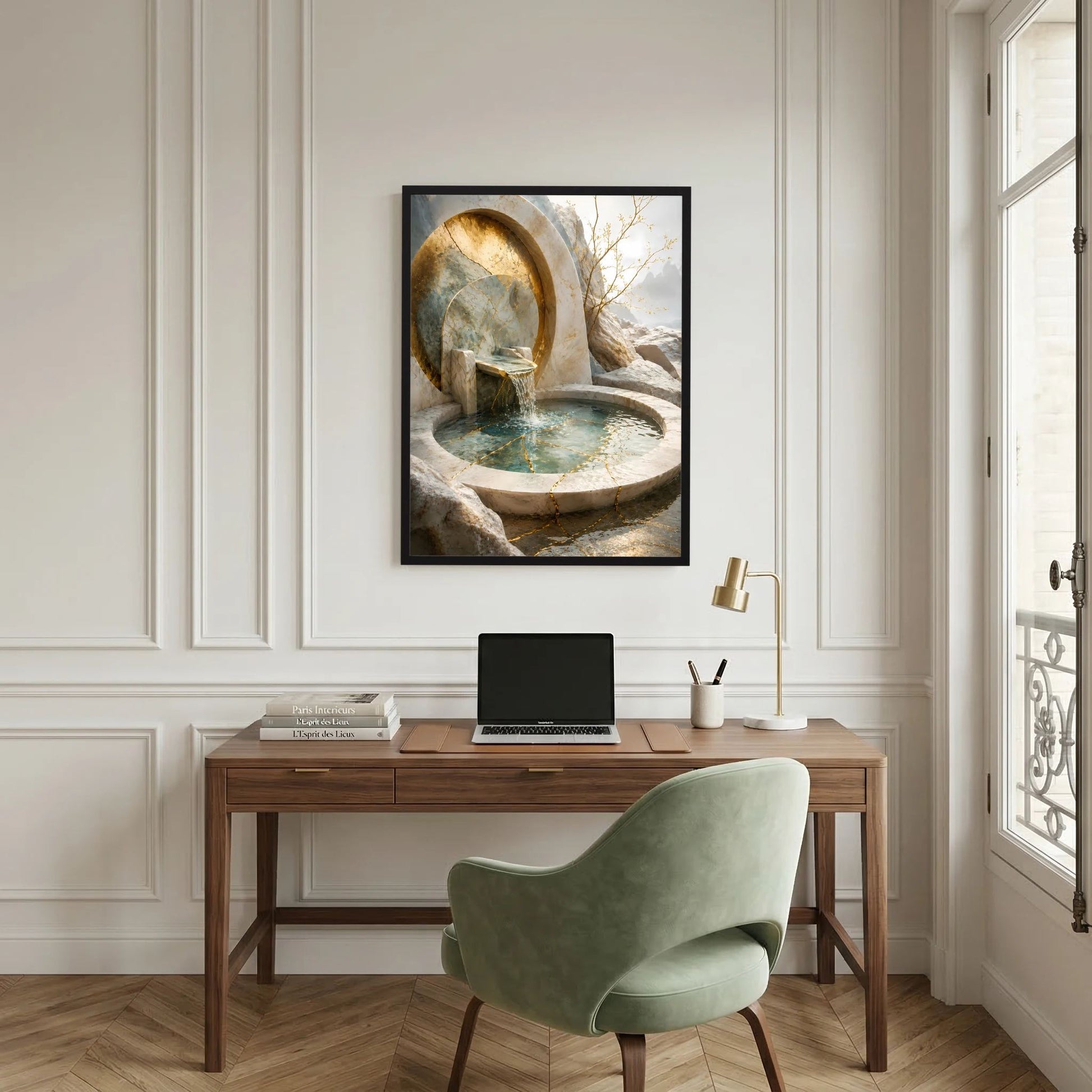 Poster im Hochformat: goldfarbene Wasserquelle im Steinbogen mit rundem türkisfarbenem Becken
