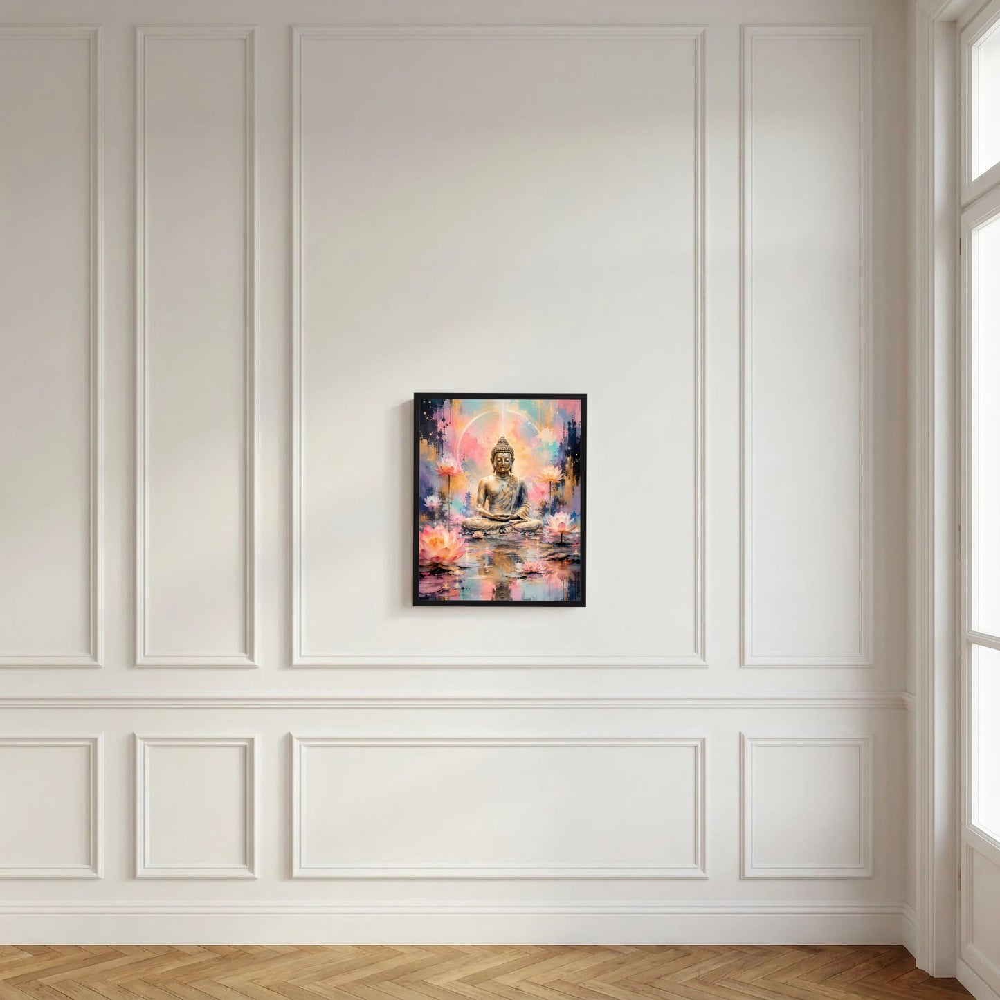 Gerahmtes Poster mit sitzendem Buddha im Lotussitz und Lotusblüten, Pastellfarben, schwarzer Rahmen