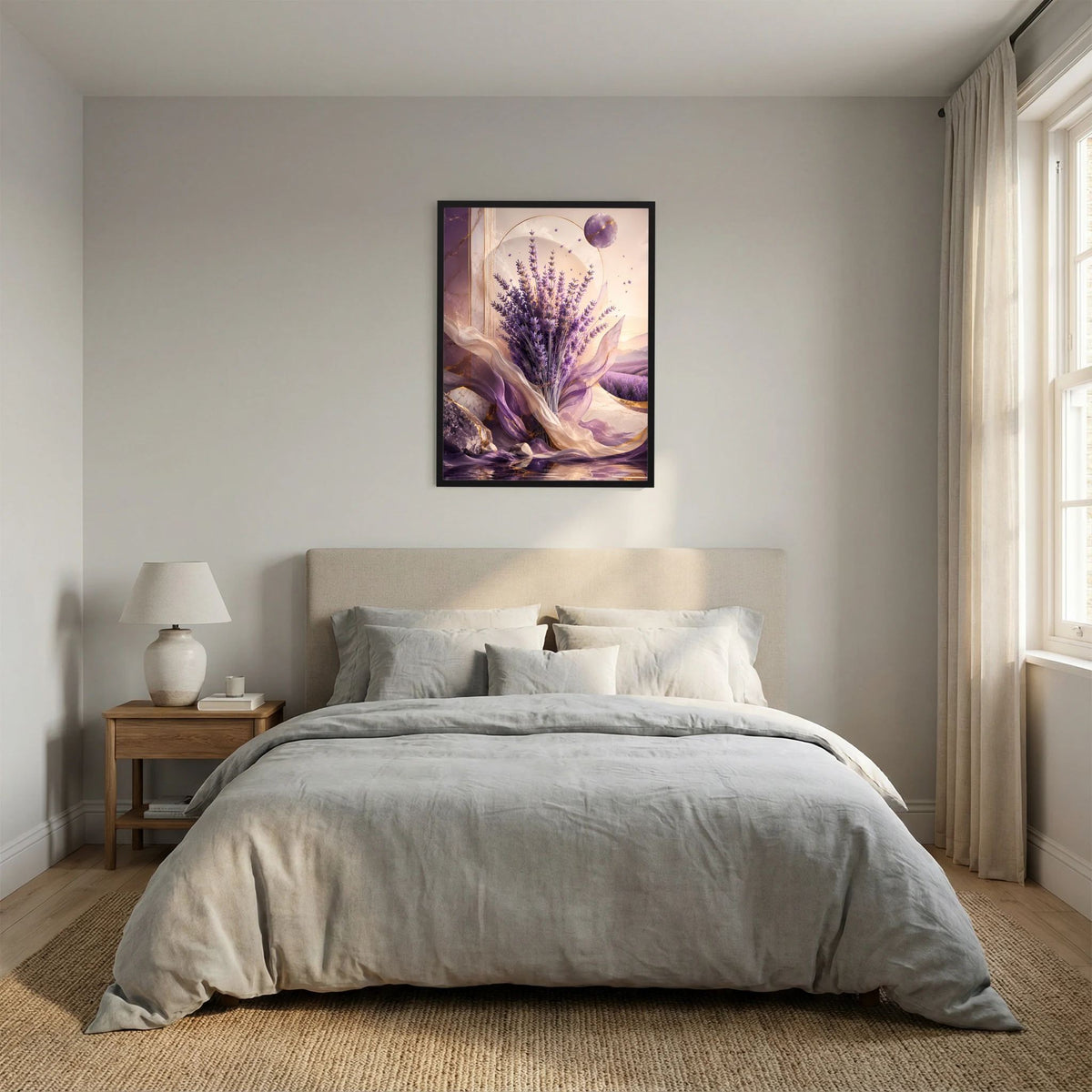 Hochformat-Poster mit violettem Lavendel, feinen Lichtpunkten und wehenden Stoffbahnen, schwarz gerahmt