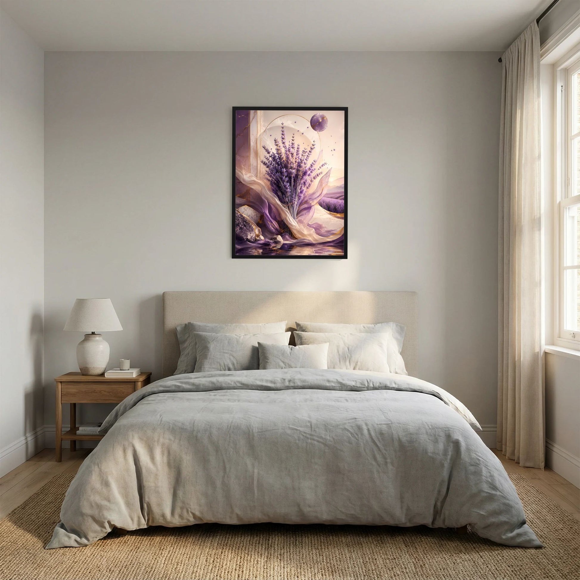 Hochformat-Poster mit violettem Lavendel, feinen Lichtpunkten und wehenden Stoffbahnen, schwarz gerahmt