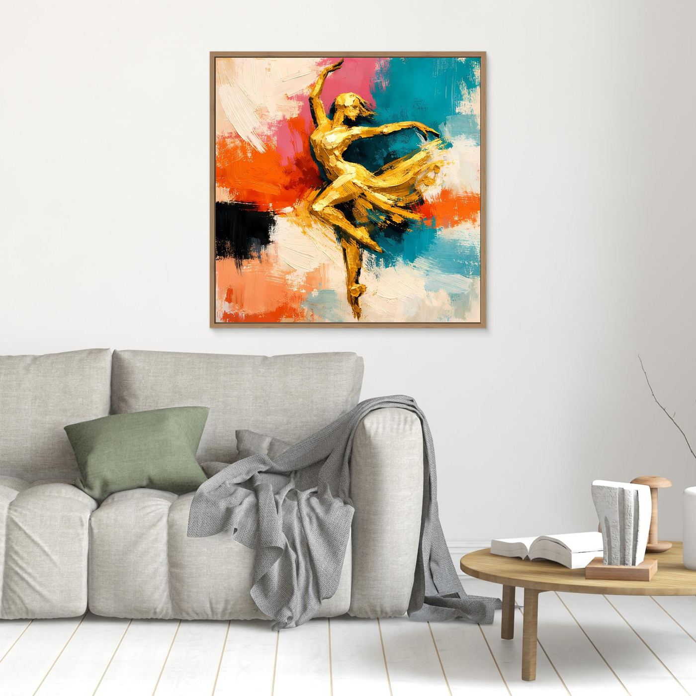 Leinwand Elegante Goldene Tänzerin im Flug | Abstraktes Ballett & Modern Art Wandbild
