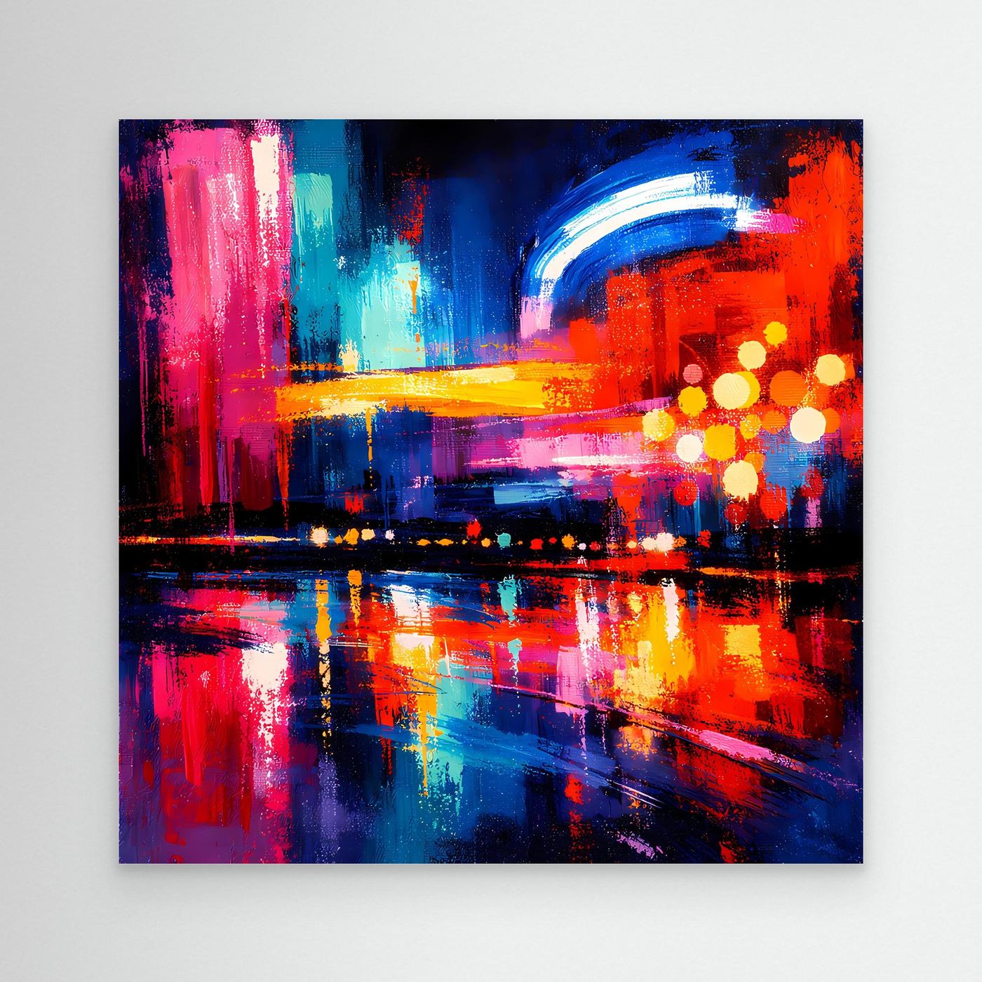 Abstraktes Leinwand-Wandbild mit Stadt-Skyline in Blau, Rot und Gelb, leuchtende Lichter