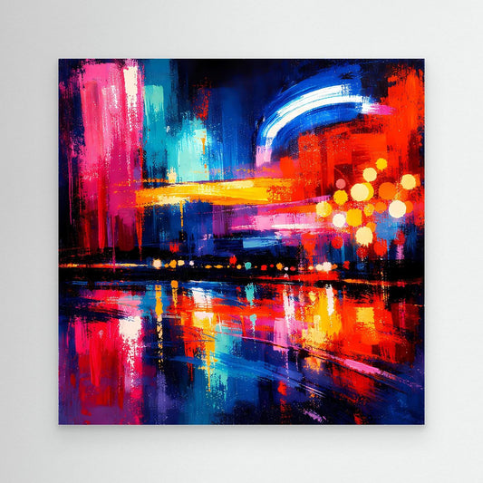 Abstraktes Leinwand-Wandbild mit Stadt-Skyline in Blau, Rot und Gelb, leuchtende Lichter