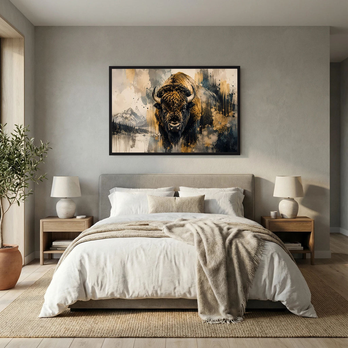 Abstraktes Bison-Poster in Schwarz-Gold mit schwarzem Rahmen, stilisierte Wildtiergrafik