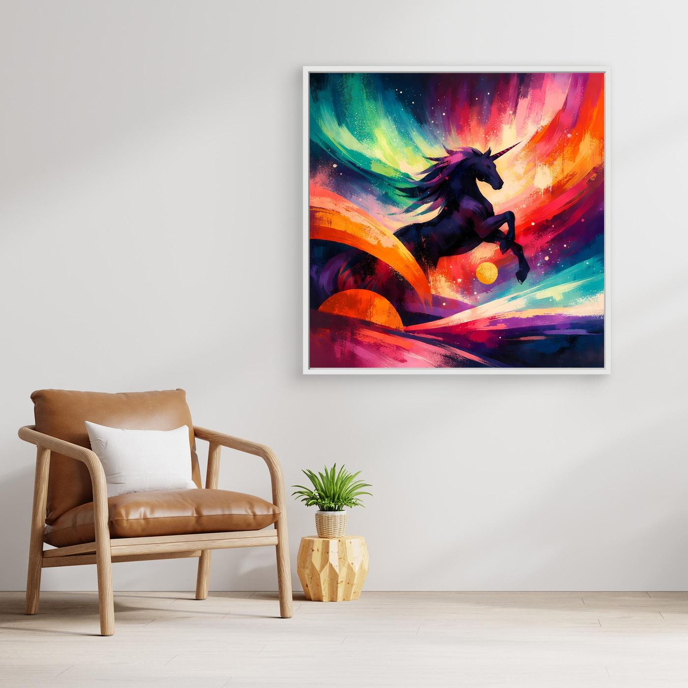 Leinwandbild mit Einhorn in dunkler Silhouette, umgeben von Regenbogen und Farbdampf