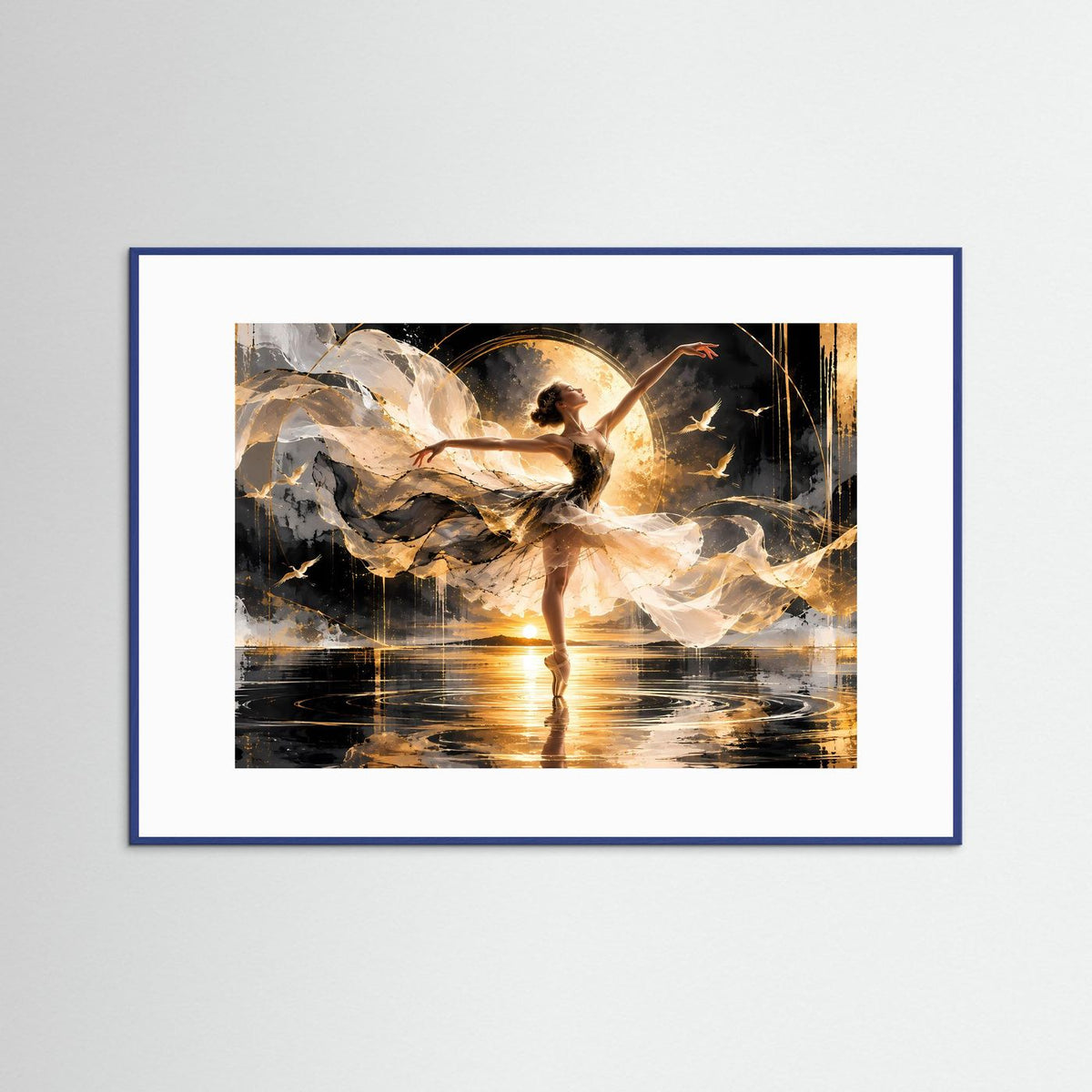 Poster im Querformat mit gold-schwarzer Ballerina, Lichtkreis und Spiegelung, blauer Rahmen