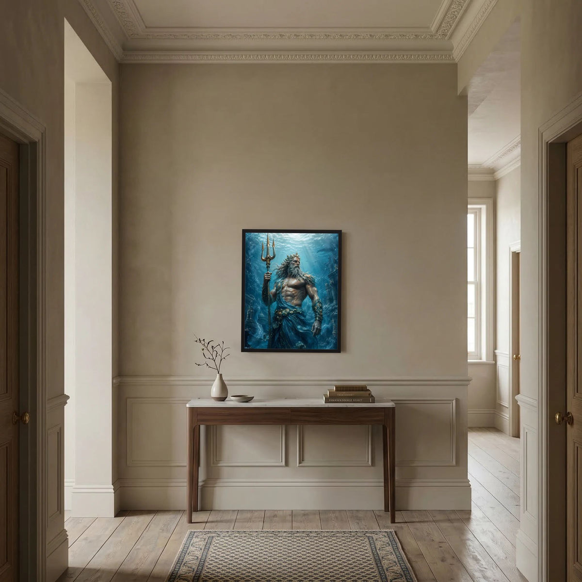 Hochformatiges Poster mit Poseidon und Dreizack im blauem Unterwasserbild, schwarz gerahmt