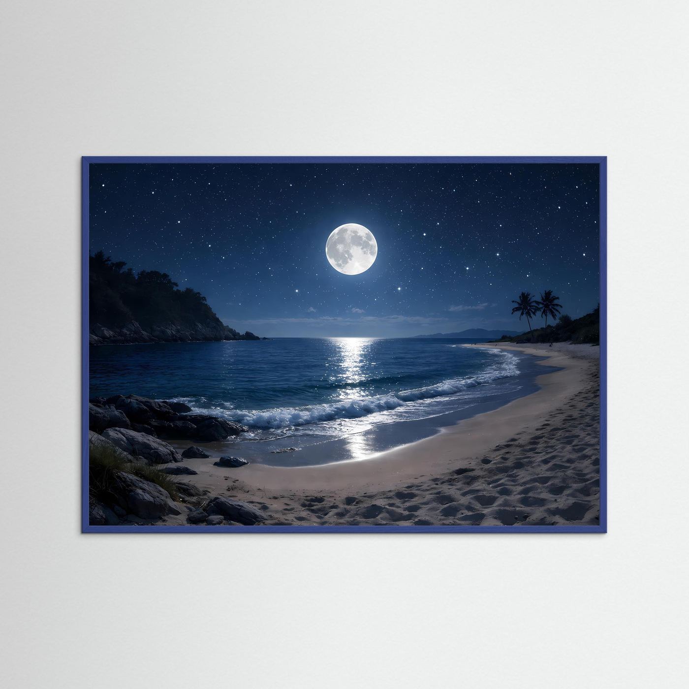 Poster Querformat: Mond über Sandstrand bei Nacht, blauer Rahmen