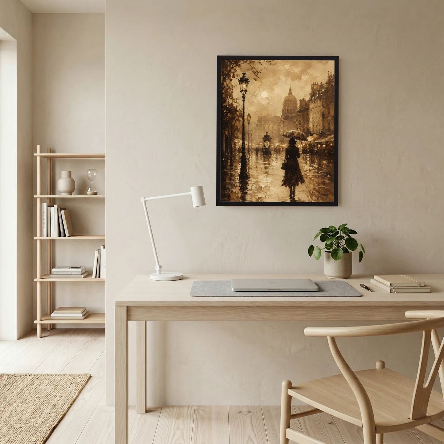 Gerahmtes Poster an der Wand: sepia Straßenmotiv mit Laternen und Person mit Regenschirm.