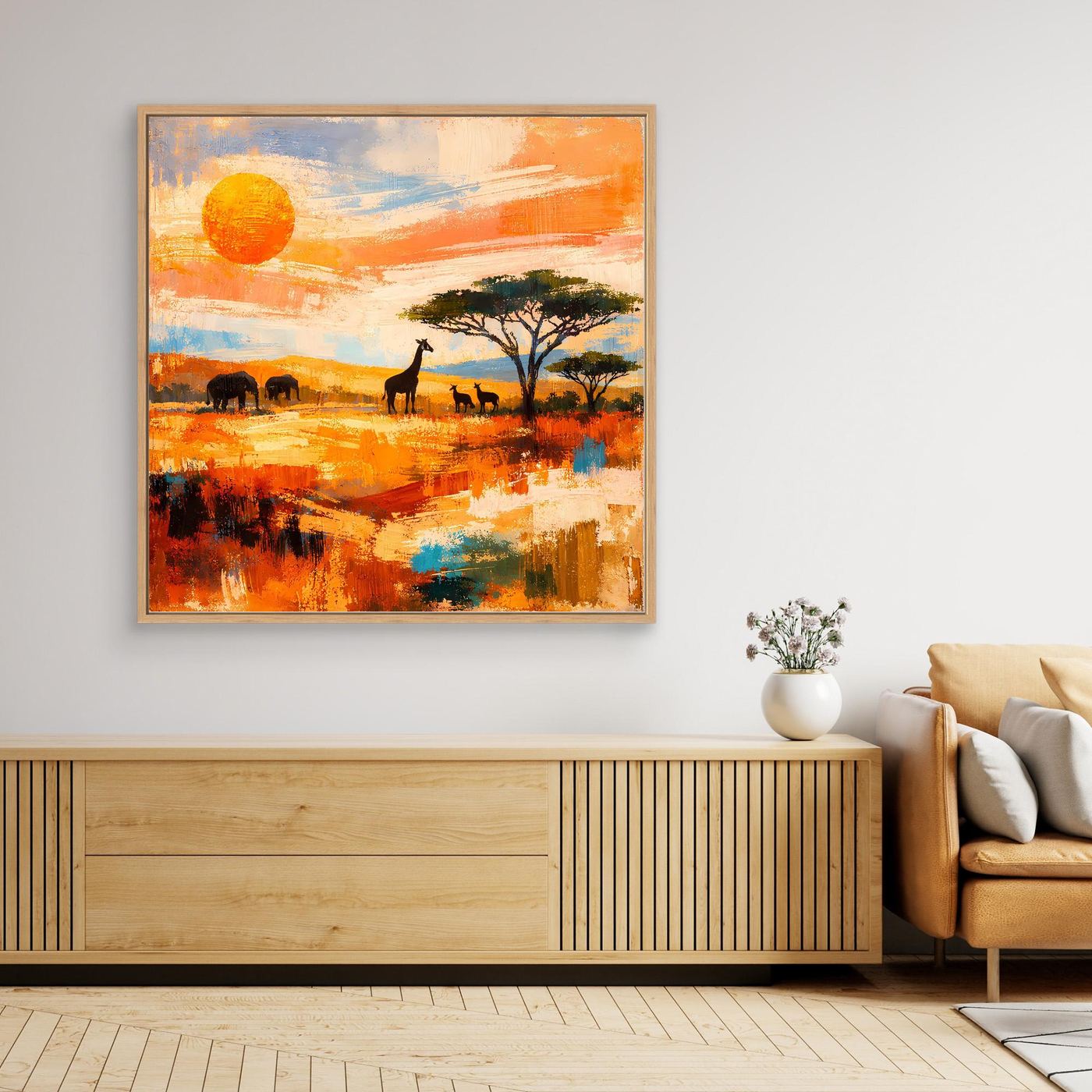 Gerahmtes Leinwand-Wandbild: Afrikanische Savanne mit Tieren, großer gelber Sonne, orange-bunt.