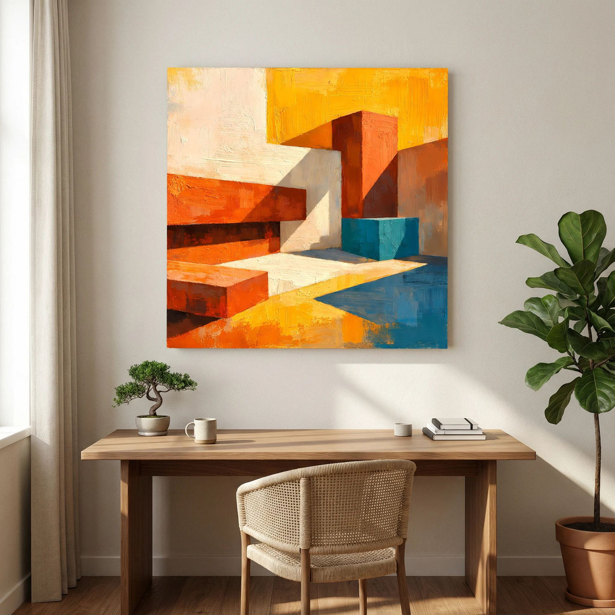Abstraktes Leinwand-Wandbild: geometrische Stufenformen in Orange, Weiß und Blau