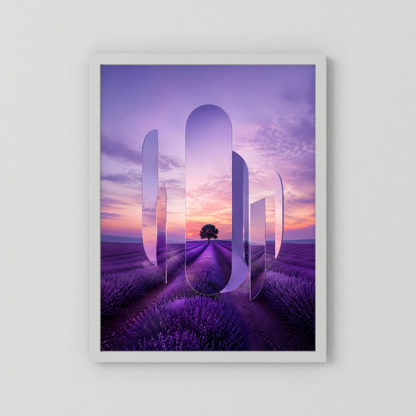 Poster im Hochformat mit weißem Rahmen und violettem Lavendelfeld-Sonnenuntergangsmotiv