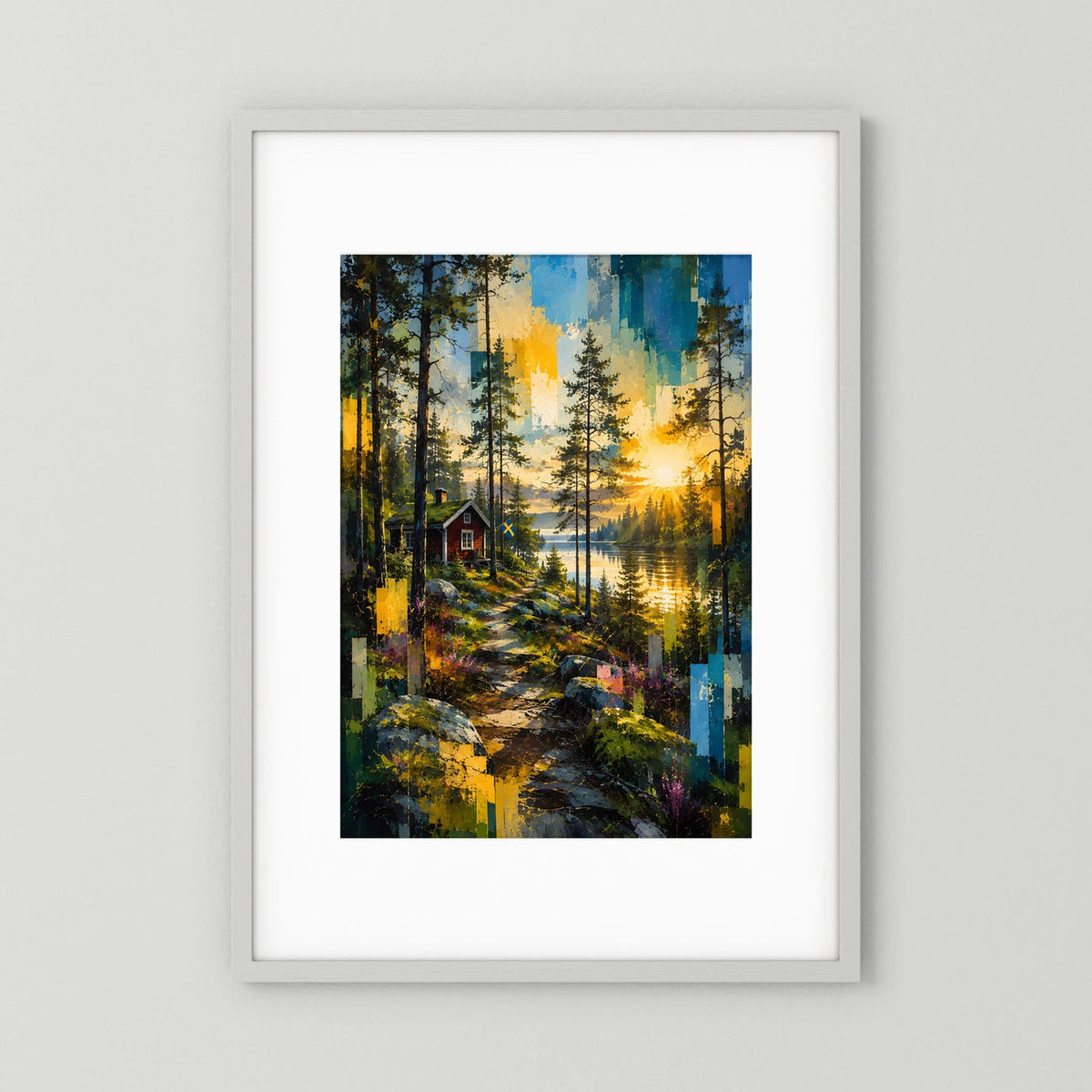 Hochformatiges Poster mit Waldlandschaft, See und kleinem Haus, in weißem Rahmen