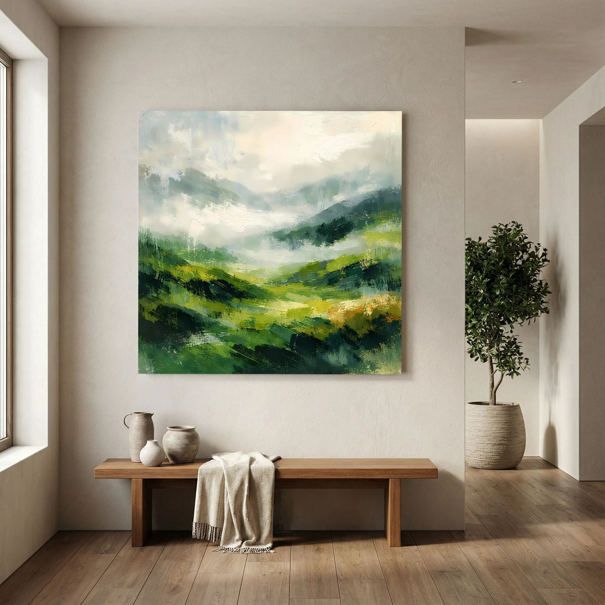 Leinwand Abstraktes Hügellandschaft Gemälde | Modernes Grünes Tal Wandbild Natur