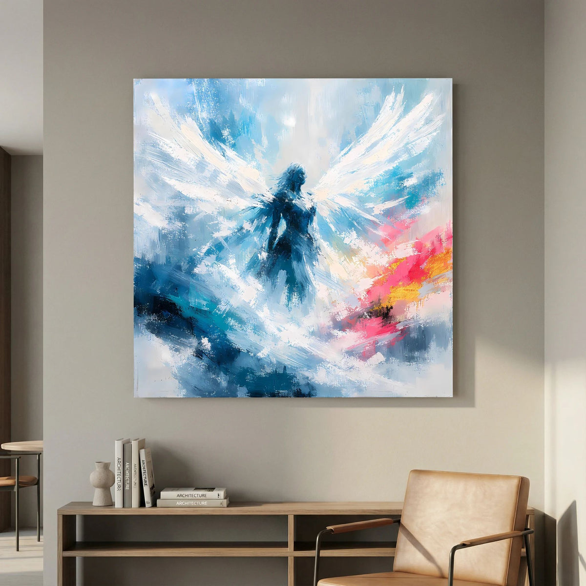 Quadratisches Leinwandbild mit abstrakter Engelsilhouette und strahlenartigen Flügeln.