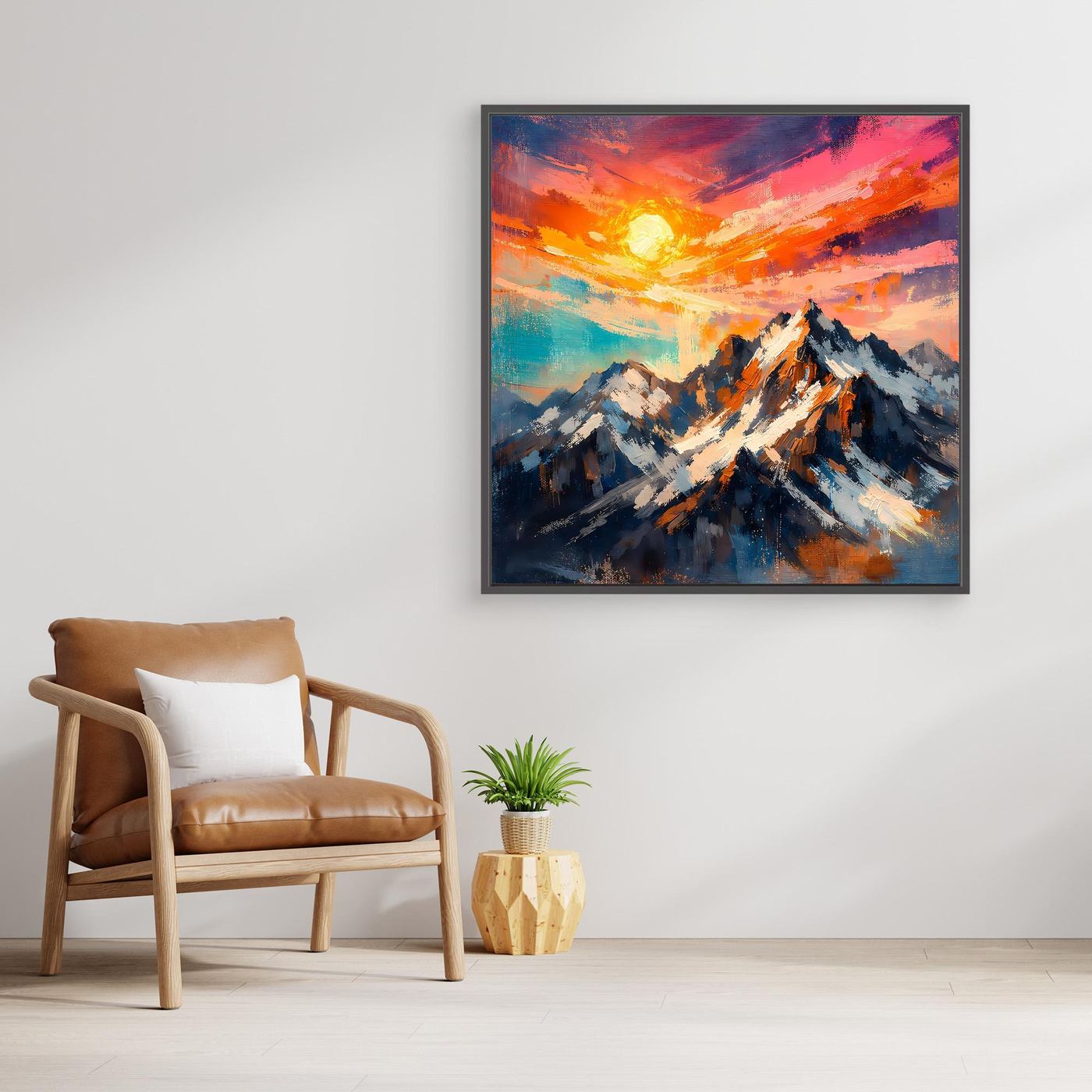 Leinwand Alpenglühen an verschneiten Berggipfeln | Abstraktes Gebirge Wandbild