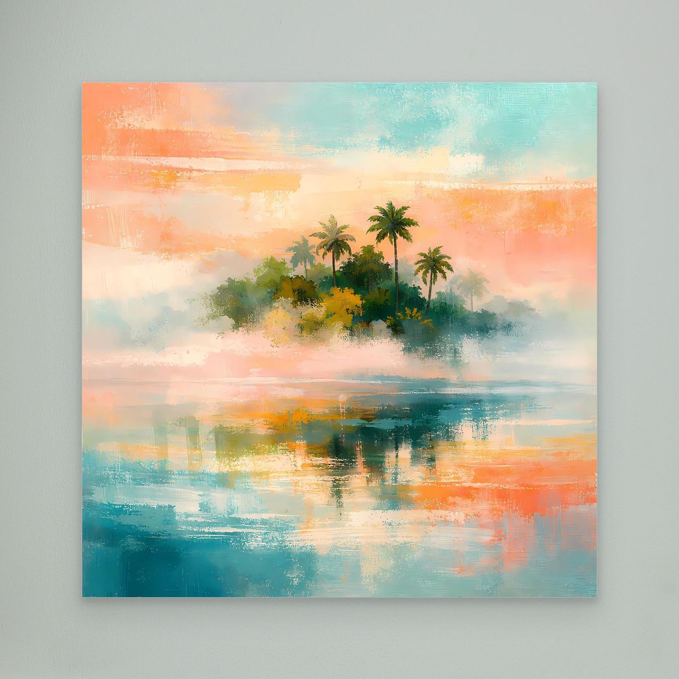 Abstraktes Wandbild mit Palmeninsel und Meer, türkis-rosa Farbverlauf ohne Rahmen