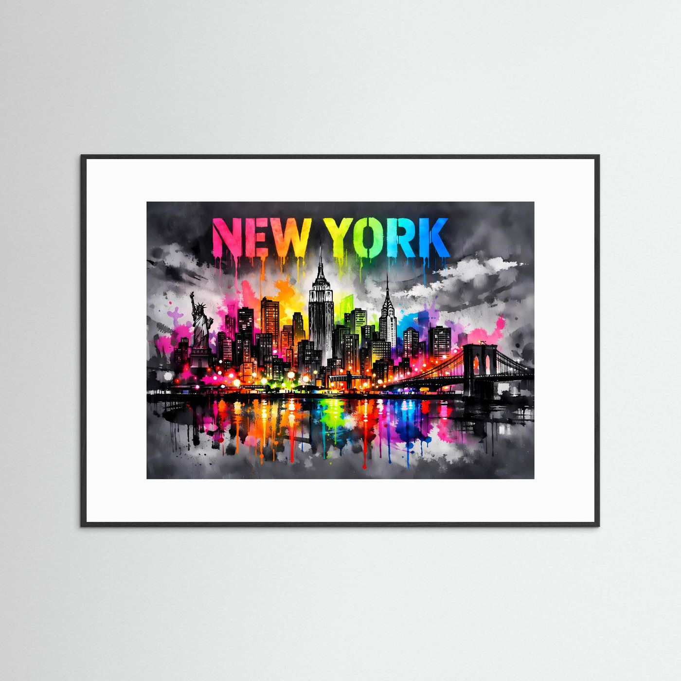 Neon-Splash-Poster mit New-York-Skyline und Schriftzug „NEW YORK“ im schwarzen Rahmen.