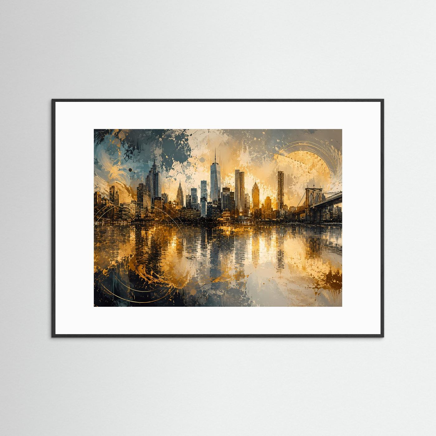 New York Skyline in Gold Poster | Abstrakte Manhattan Kunst mit Brooklyn Bridge Modernes Wandbild Querformat
