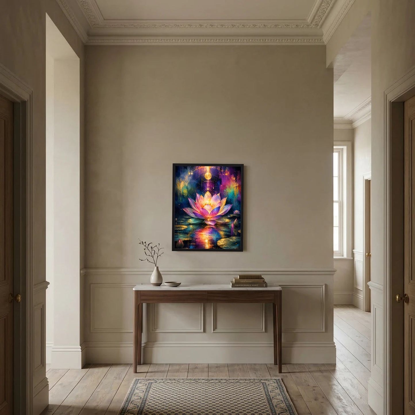 Gerahmtes Lotusblüten-Poster auf Konsole: leuchtende pinke-goldene Lotusblume