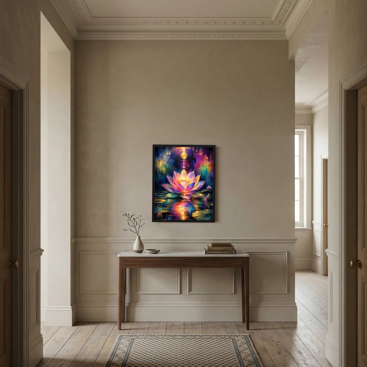 Gerahmtes Lotusblüten-Poster auf Konsole: leuchtende pinke-goldene Lotusblume