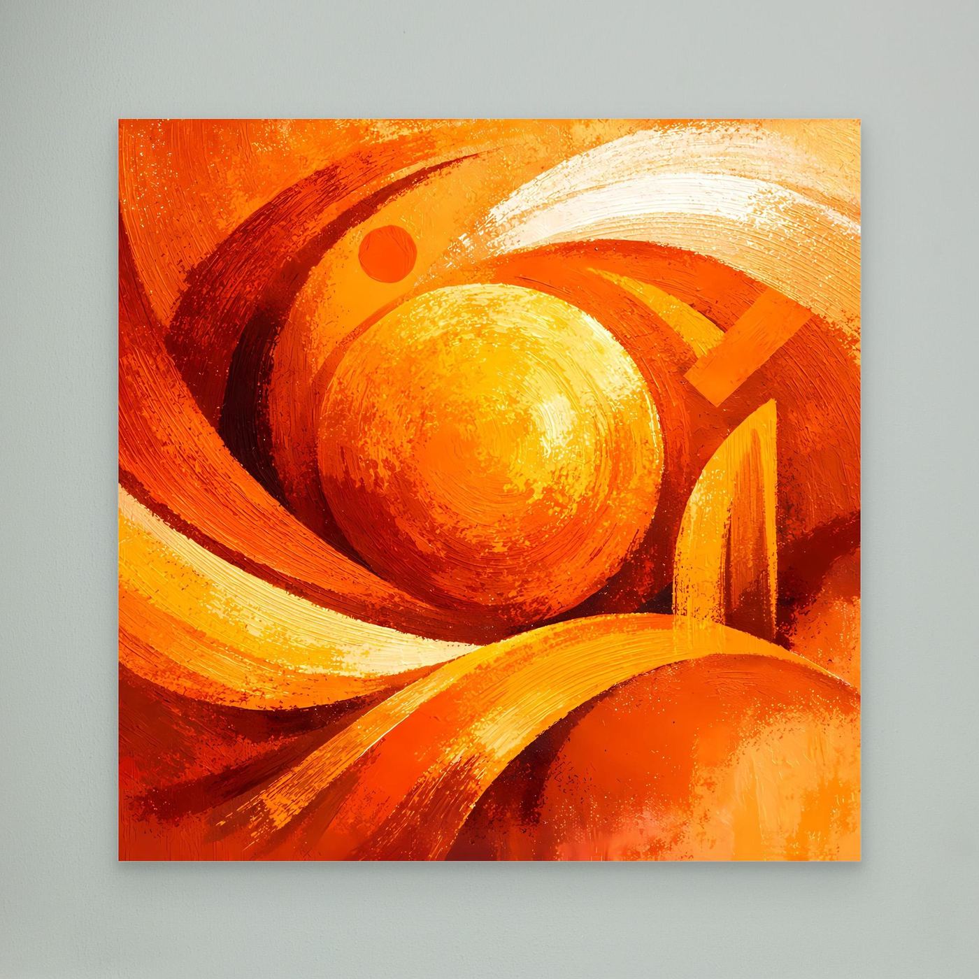 Abstraktes Leinwand-Wandbild: orange-gelbe Spiralen mit runden Formen und hellen Akzenten