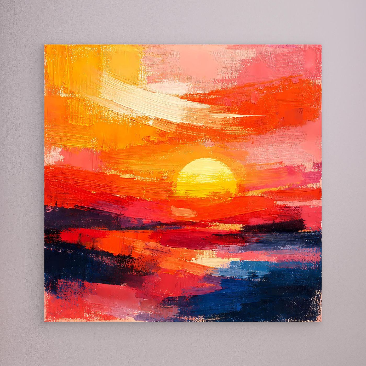 Abstract sunset seascape canvas wall art; warm orange and pink sky with dark blue horizon