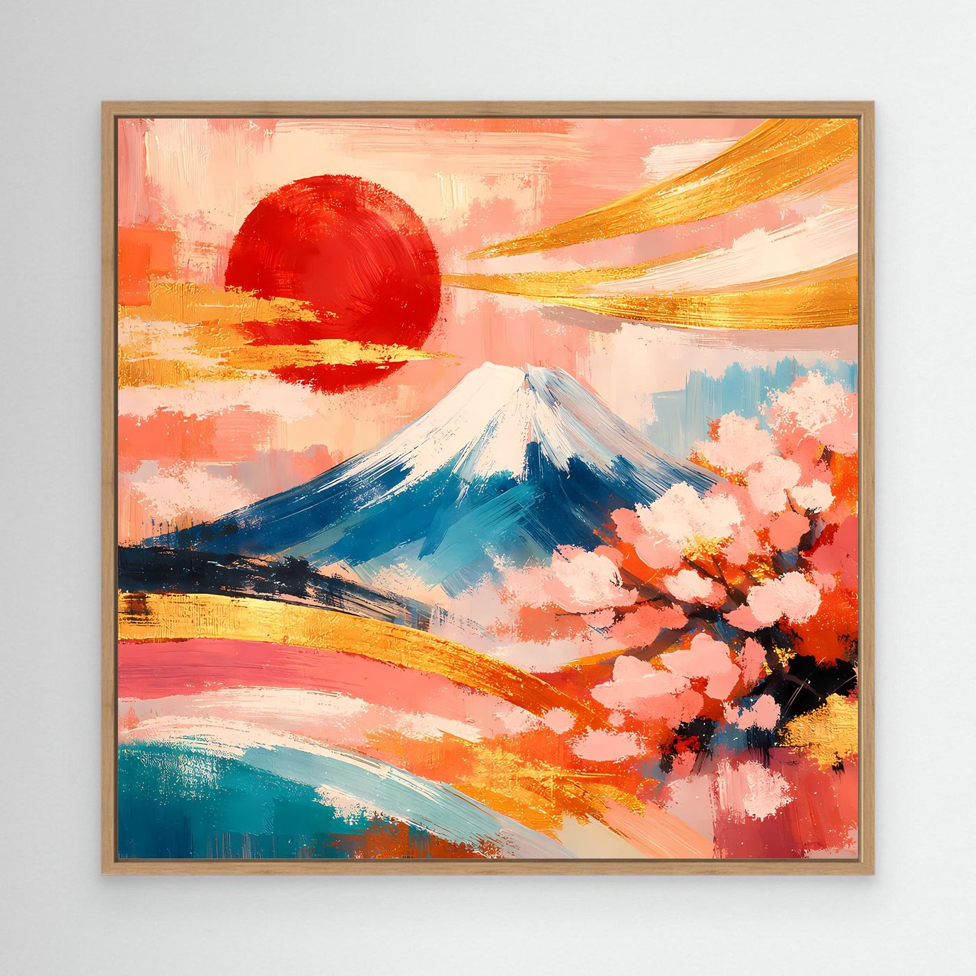 Leinwandbild mit Berg Fuji und Kirschblüten, abstrakte Rottöne, mit hellem Holzrahmen
