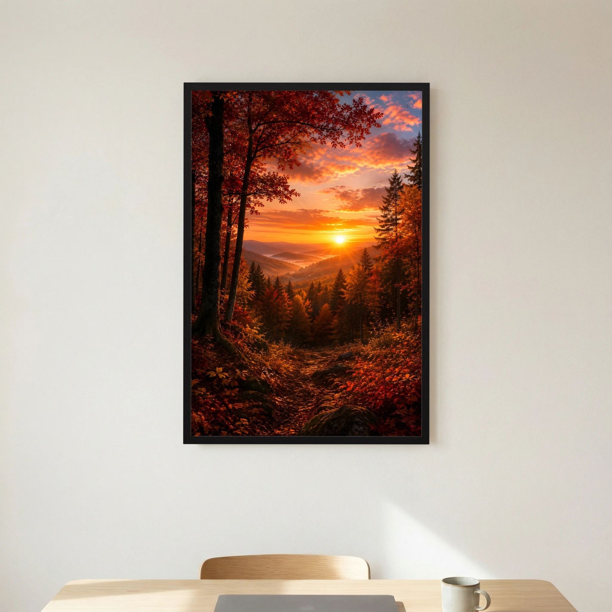 Kunstposter im schwarzen Rahmen mit Herbstwald-Pfad und orangefarbener untergehender Sonne