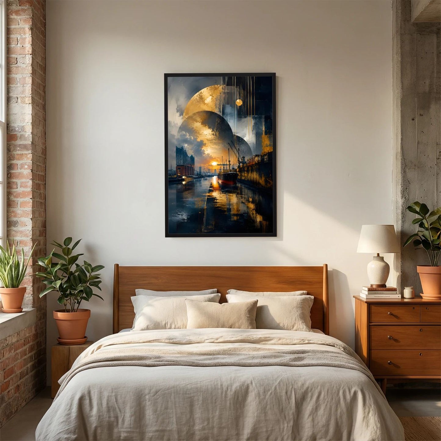 Poster im Hochformat mit abstraktem Hafenmotiv in Gold und Dunkelblau, schwarze Rahmenleiste