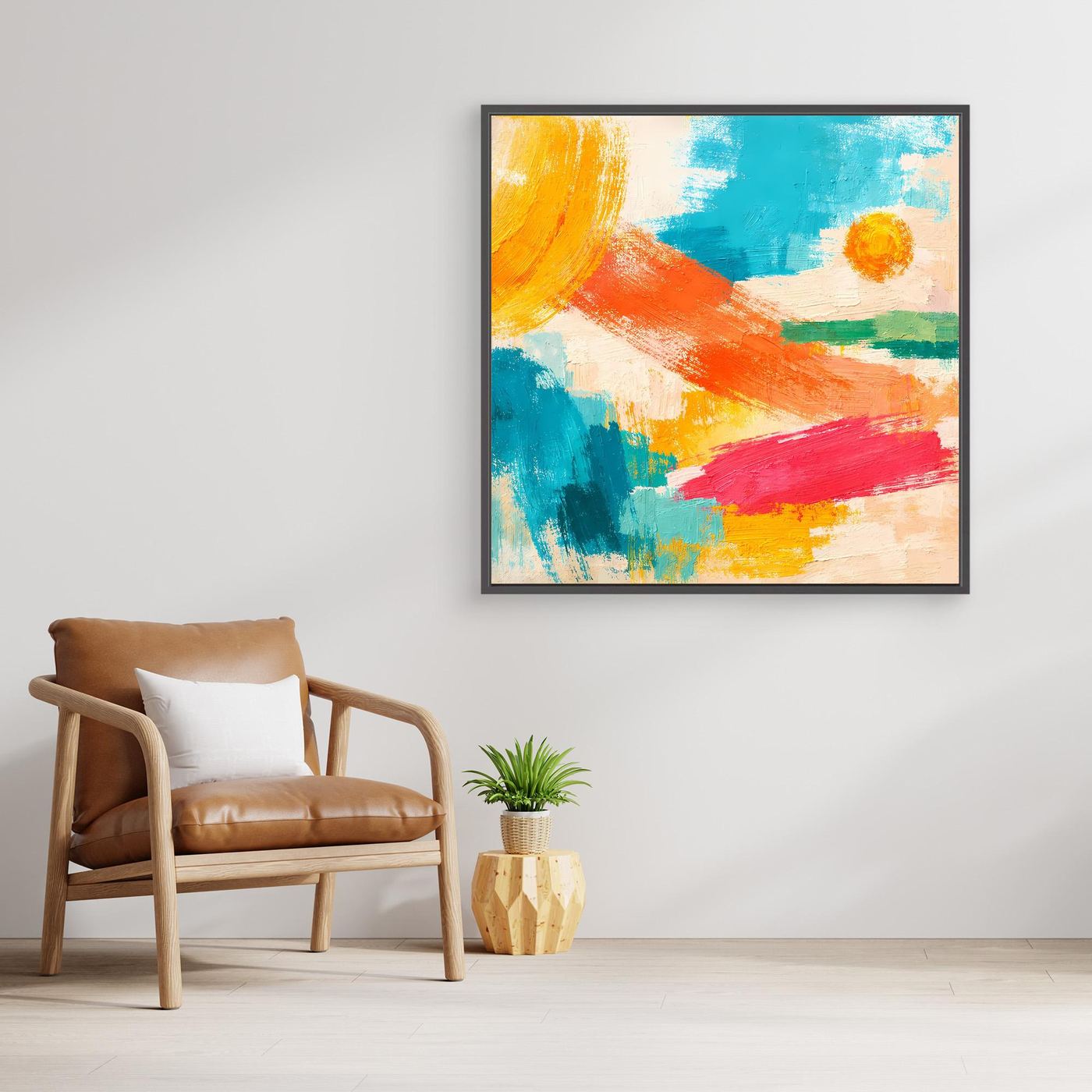 Black-framed abstract wall art with blue, orange, pink, and yellow paint strokes