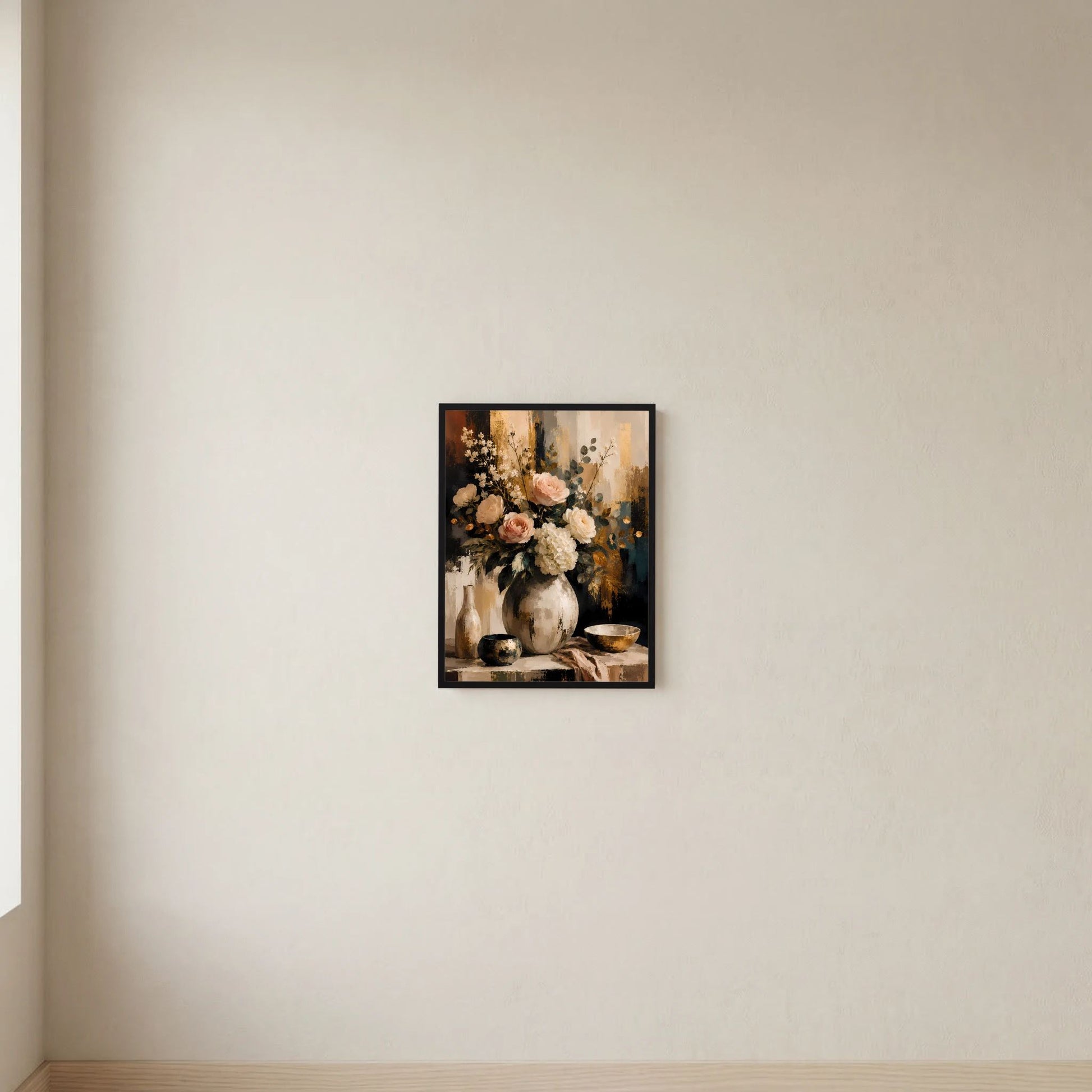 Blumenstillleben-Poster mit Blumenstrauß in Vase, schwarzer Rahmen