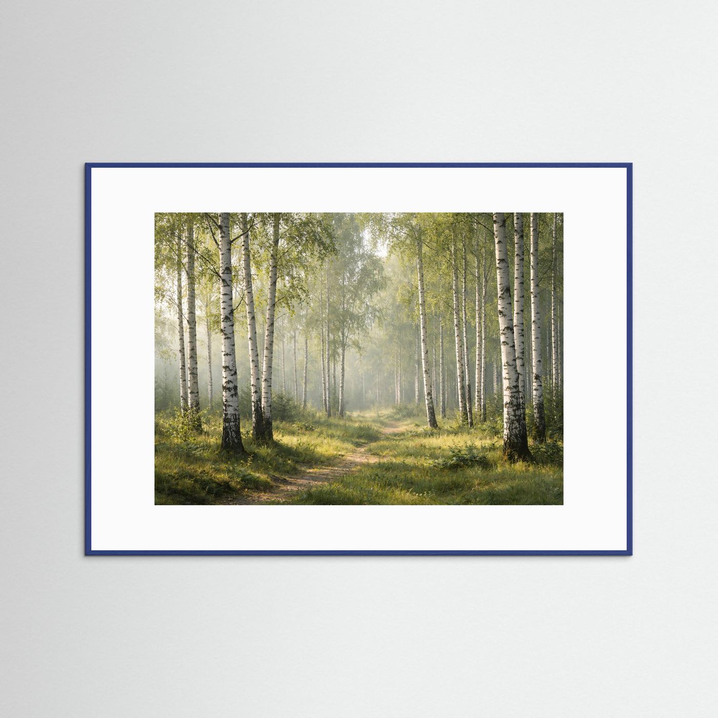 Waldposter mit Birkenwald im Morgenlicht, querformat, mit blauem Rahmen