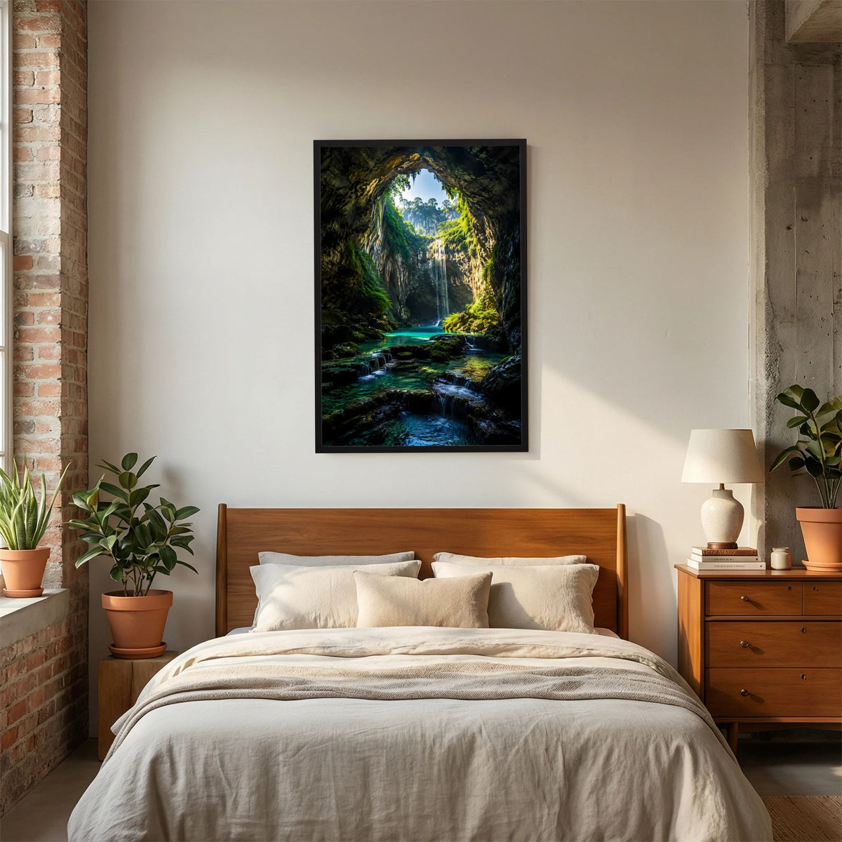 Hochformatiges Kunstposter: Wasserfallhöhle mit türkisfarbenem Bach, schwarzer Rahmen