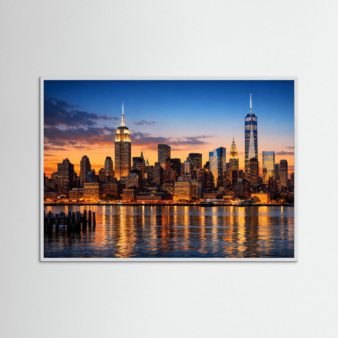 Wandposter Skyline von New York bei Sonnenuntergang, Querformat mit hellbraunem Holzrahmen