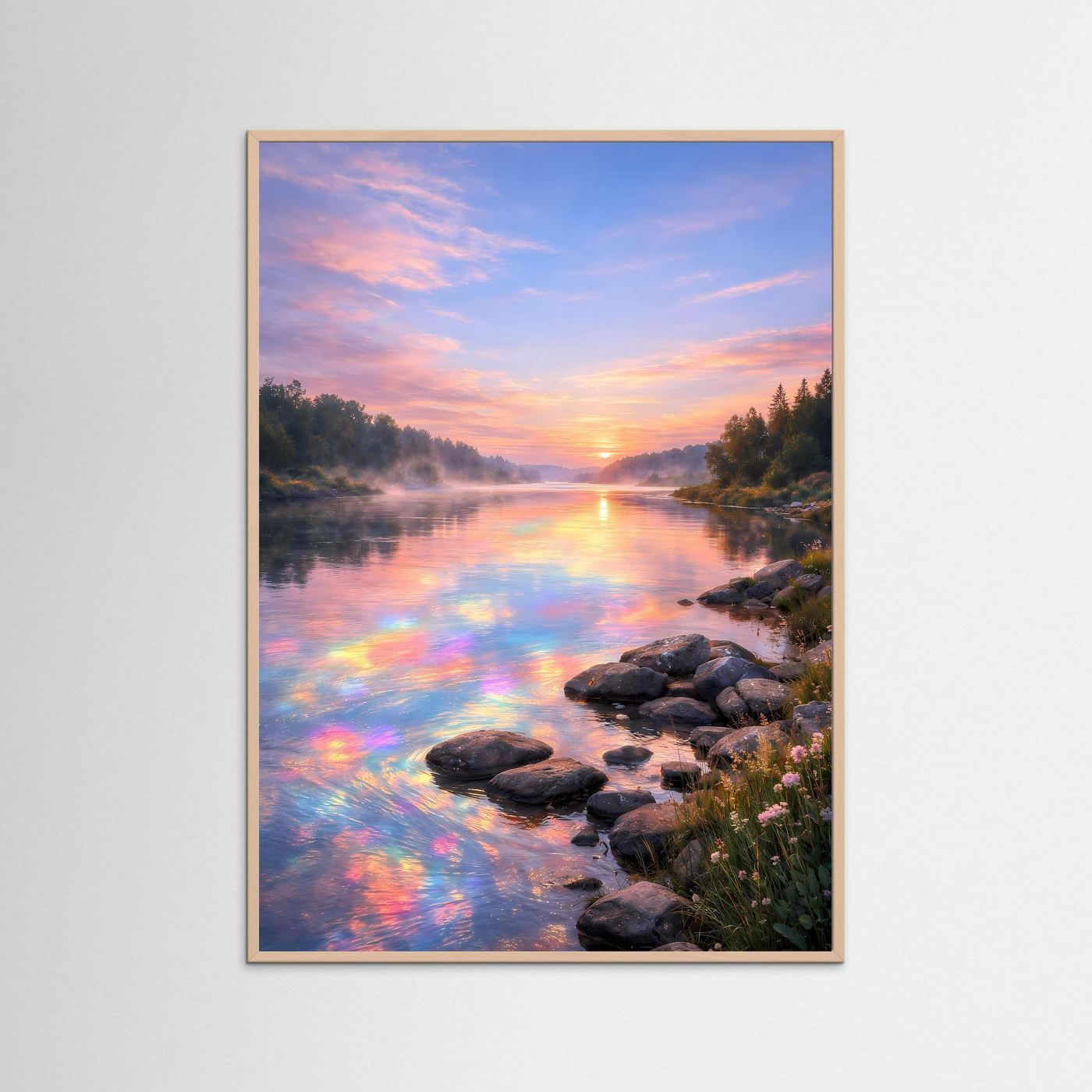 Fluss-Poster im Hochformat mit Regenbogenreflexionen, in rosafarbenem Holzrahmen