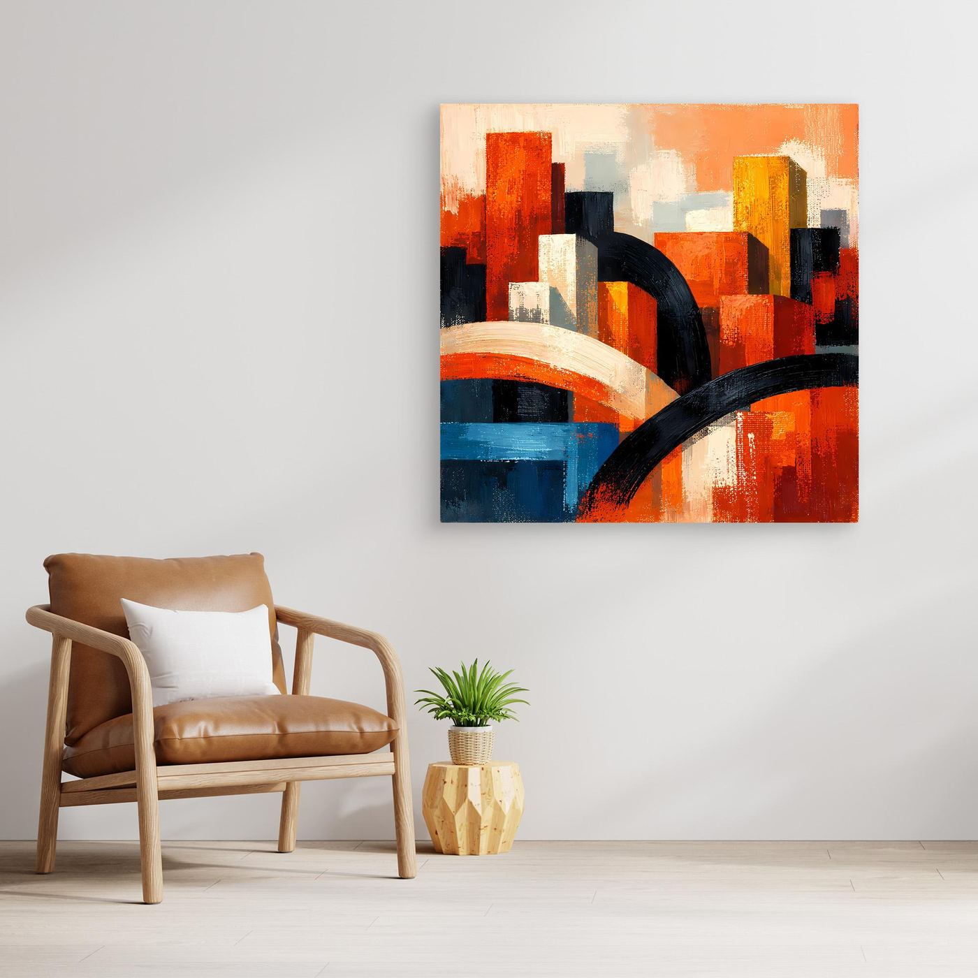 Leinwandbild mit Holzrahmen, abstrakte Skyline in Orange, Blau und Schwarz