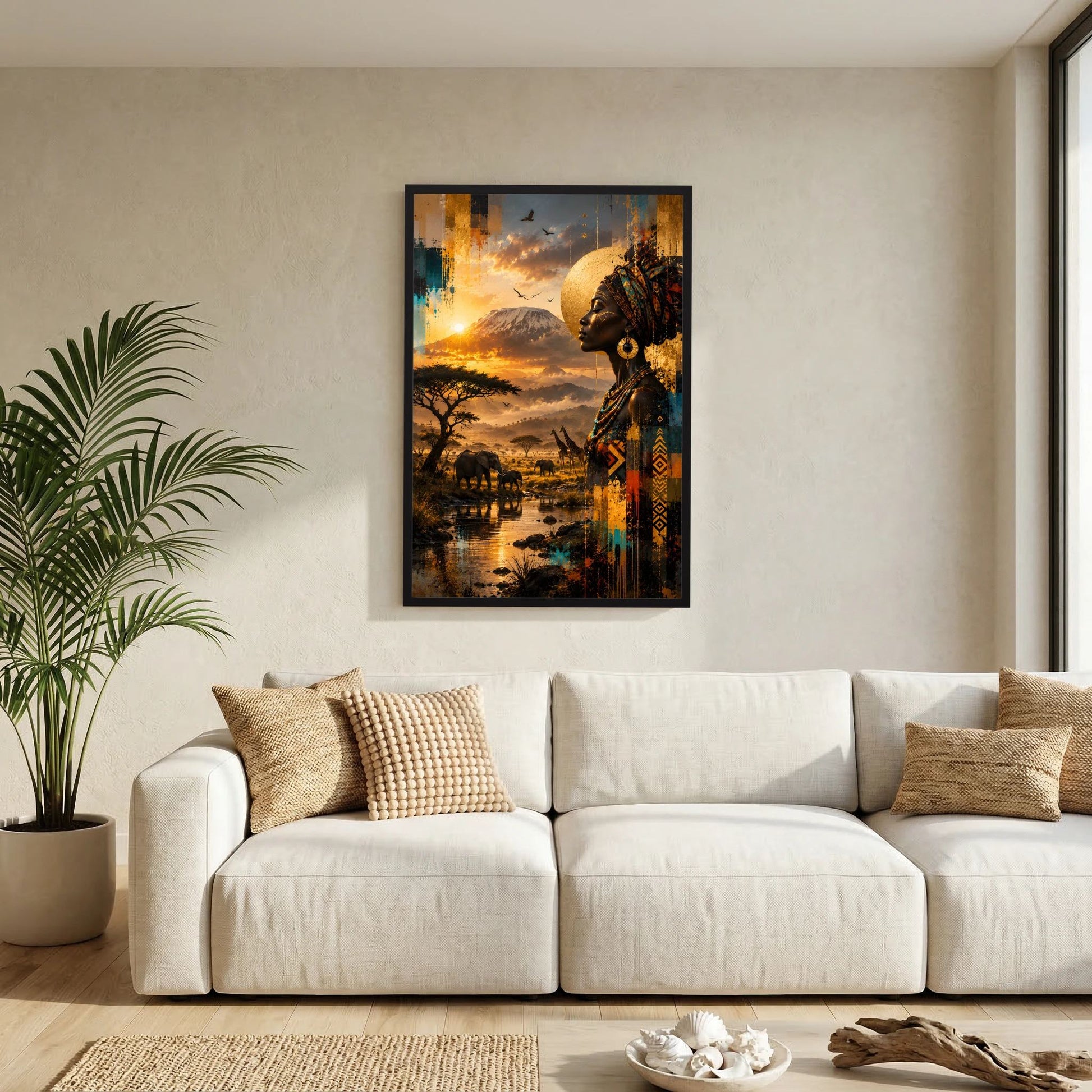Kunstposter mit Porträt einer afrikanischen Frau im Profil, goldener Sonnenuntergang