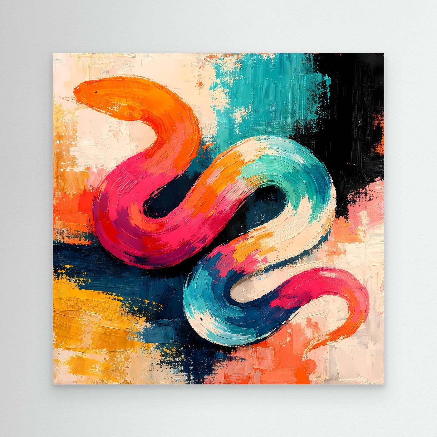 Leinwandbild mit abstrakter Schlange in Pink, Türkis und Orange im Pop-Art-Stil