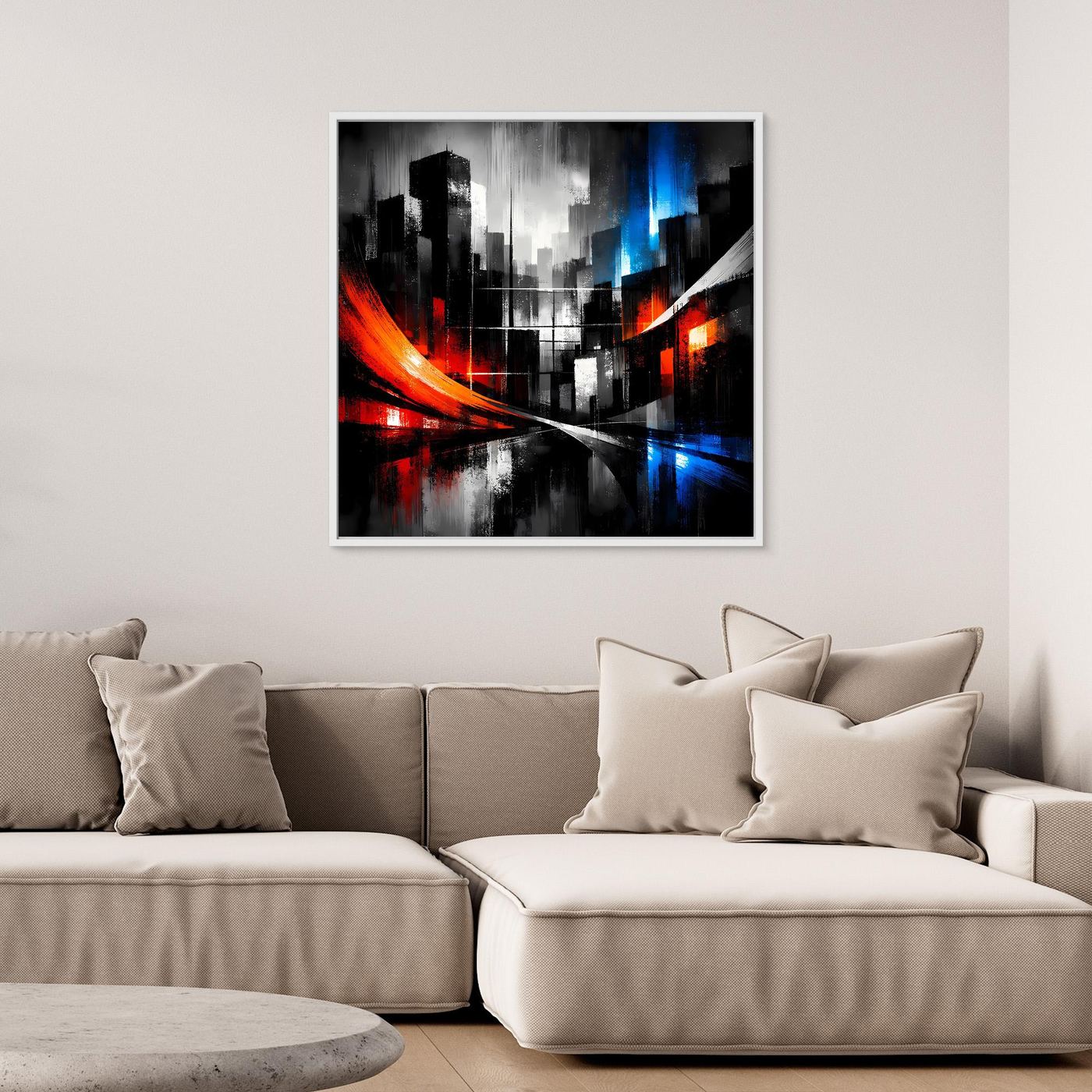 Wandbild mit abstrakter Skyline bei Nacht, graue Hochhäuser, rote Kurven und blauer Schein