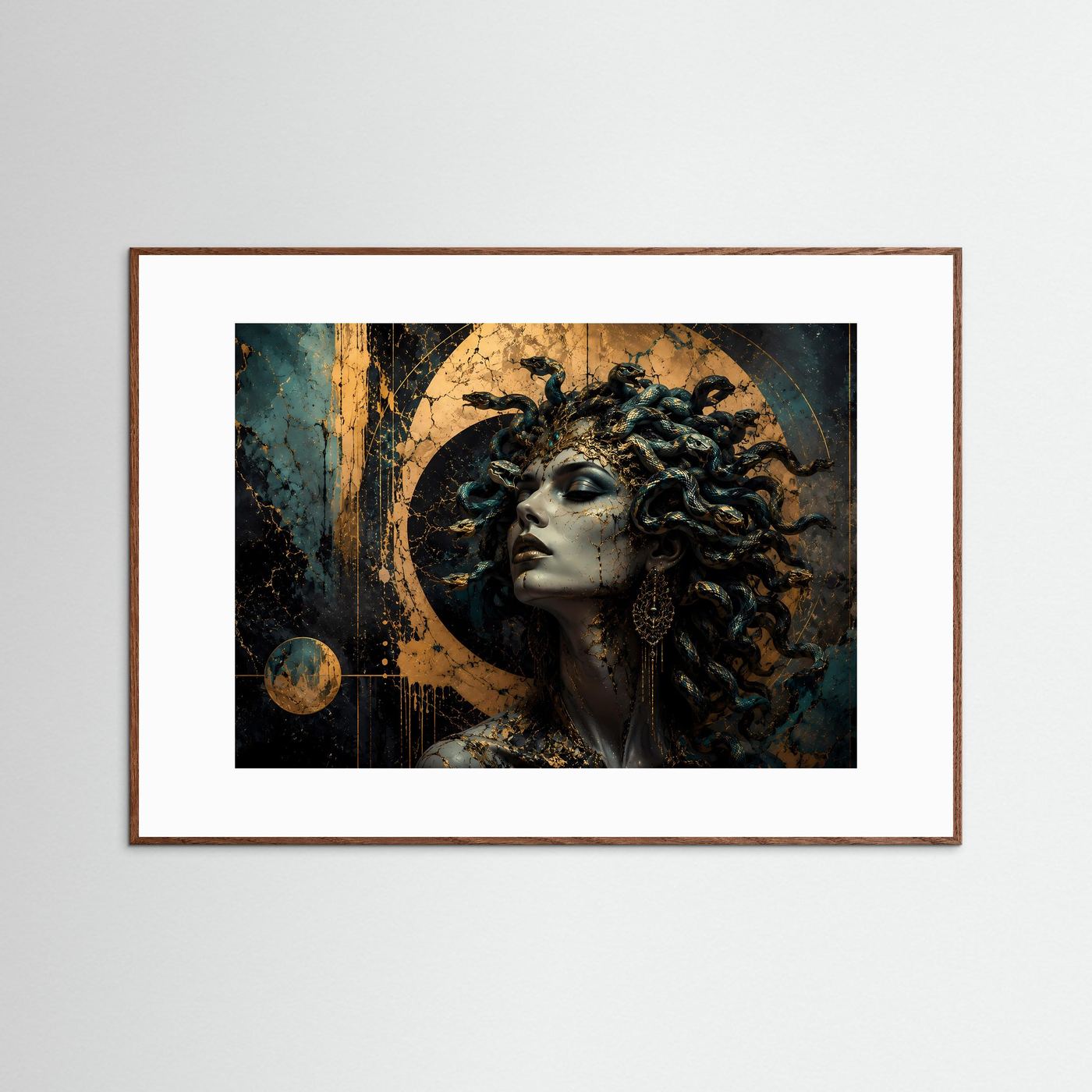 Medusa Poster Schwarz Gold | Mythologische Wandkunst | Elegantes Gorgonen Porträt | Dunkle Fantasy Kunst | Luxuriöse Leinwand